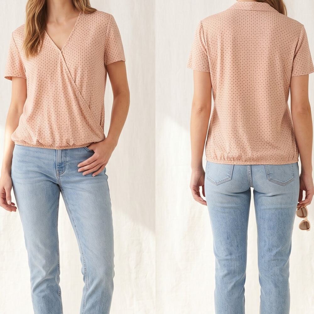 Adrianna Papell Large Tan Short Sleeve Faux Wrap Gathered Bubble Hem Top